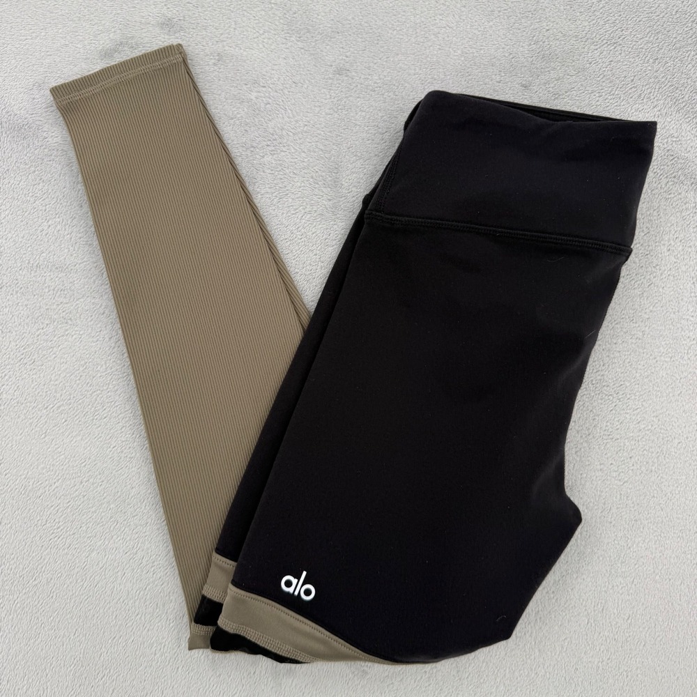 Alo Yoga High-Waist Coast Leggings Black Olive Green Mesh Ribbed Women's Sz XS